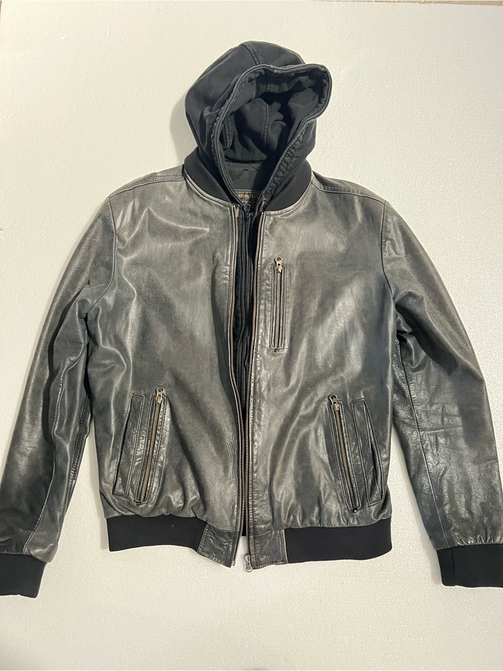 Men's Hooded Black Leather Bomber Jacket Genuine Leather size L